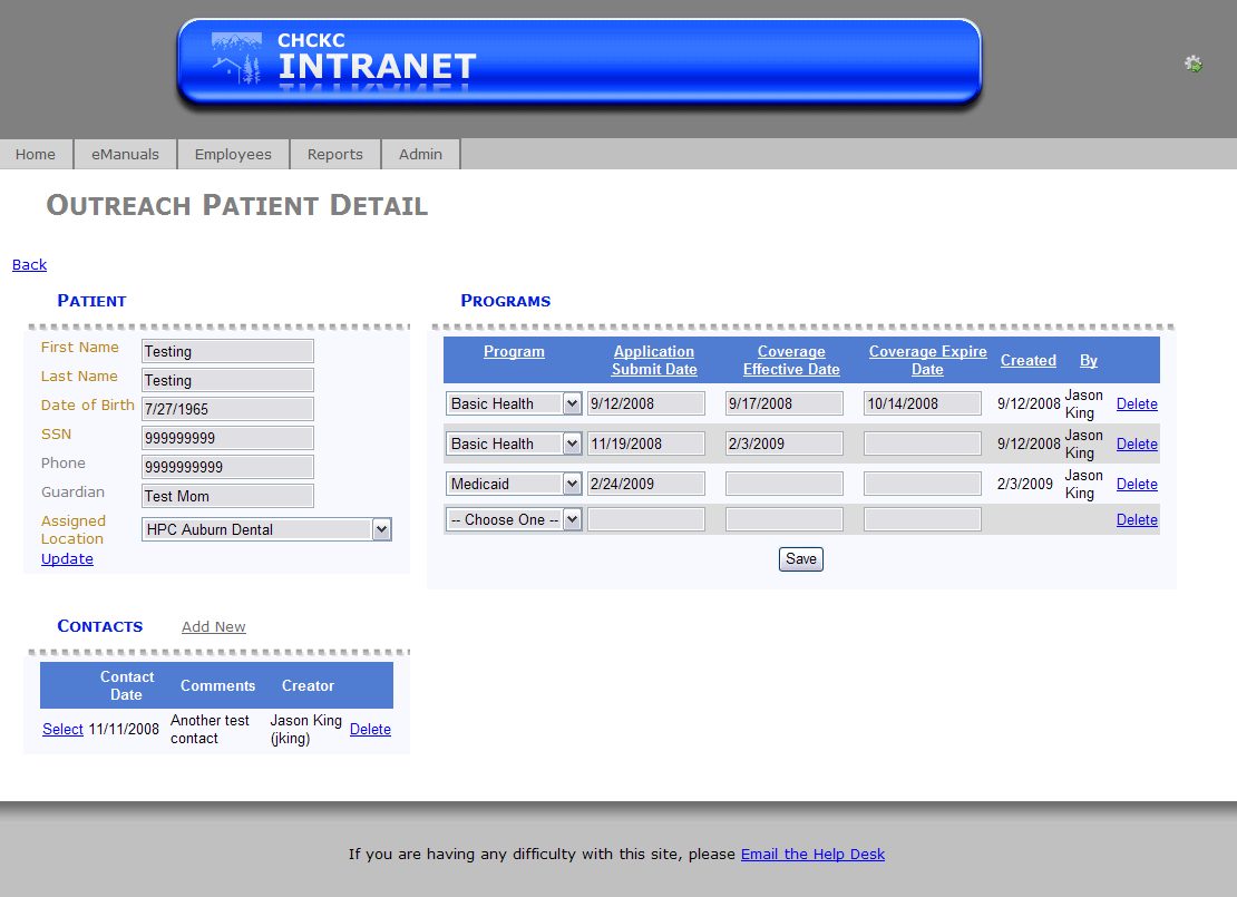 The HealthPoint intranet: an employee directory beside custom forms driving a business process. Identifiable information has been removed.